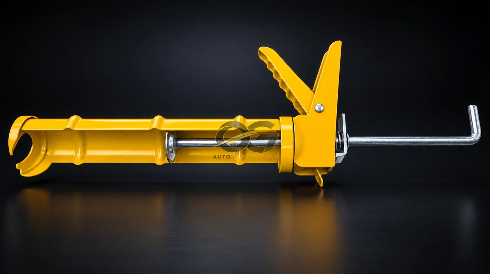 Caulking gun, side view, with steel push rod and trigger