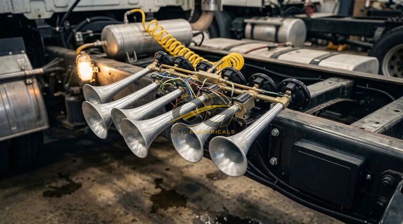 Air horn set mounted on a truck chassis