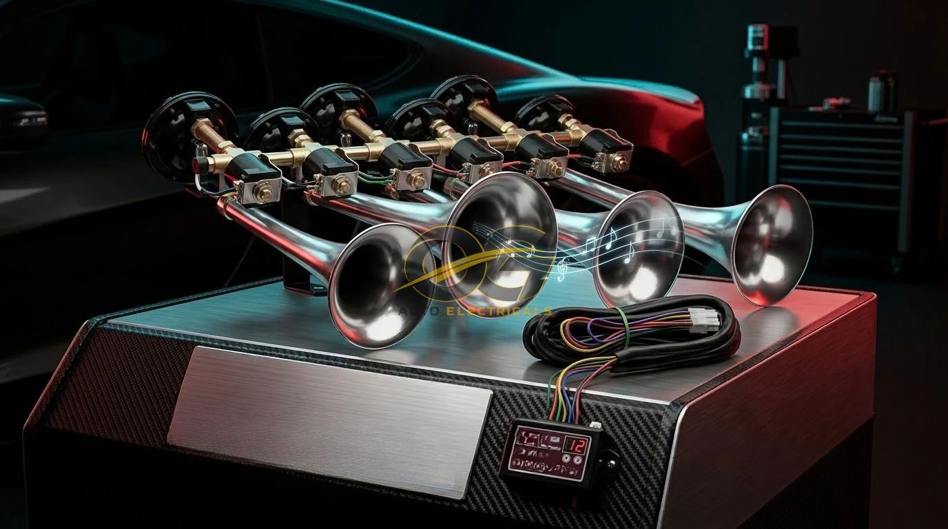 Multi-trumpet air horn set with wiring harness and controller