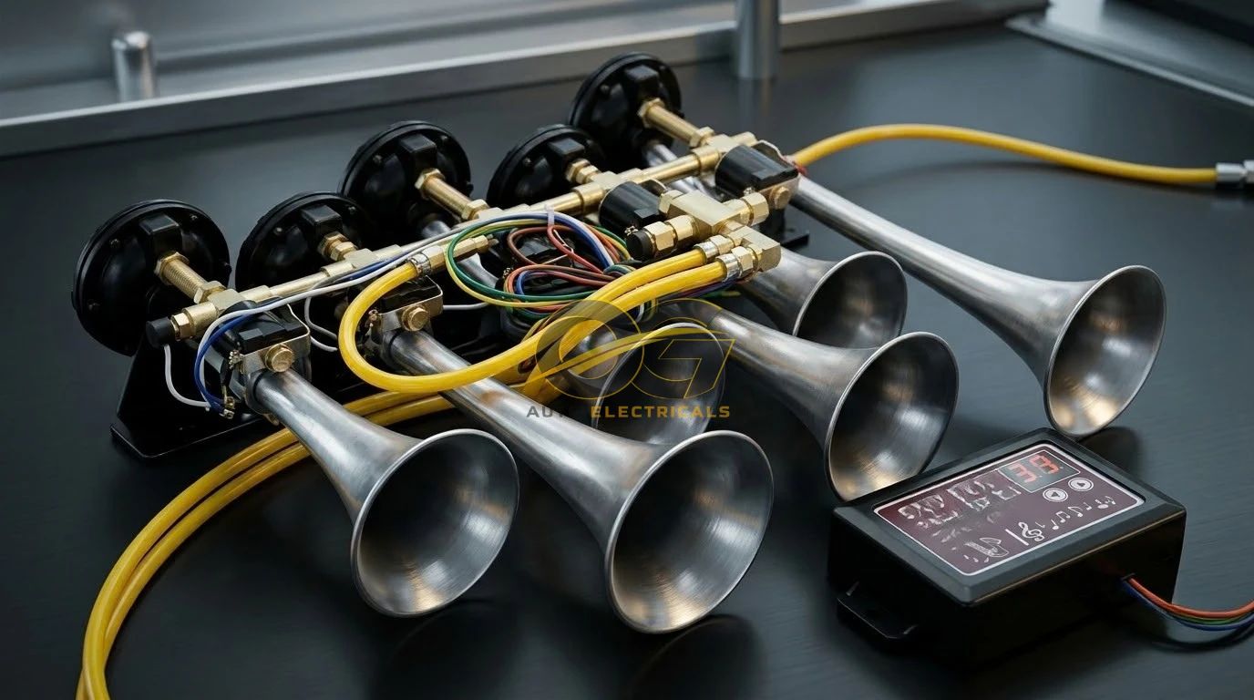 Multi-trumpet air horn set with hose and controller