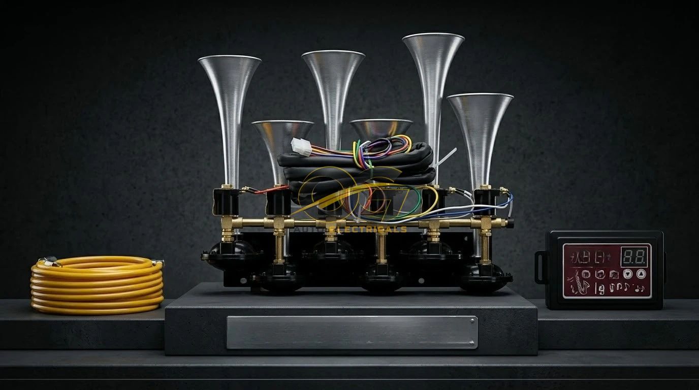 Multi-trumpet air horn set with valves, hose and controller