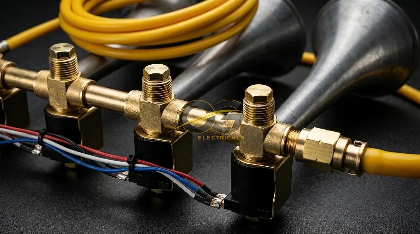 Brass valves and fittings on an air horn set