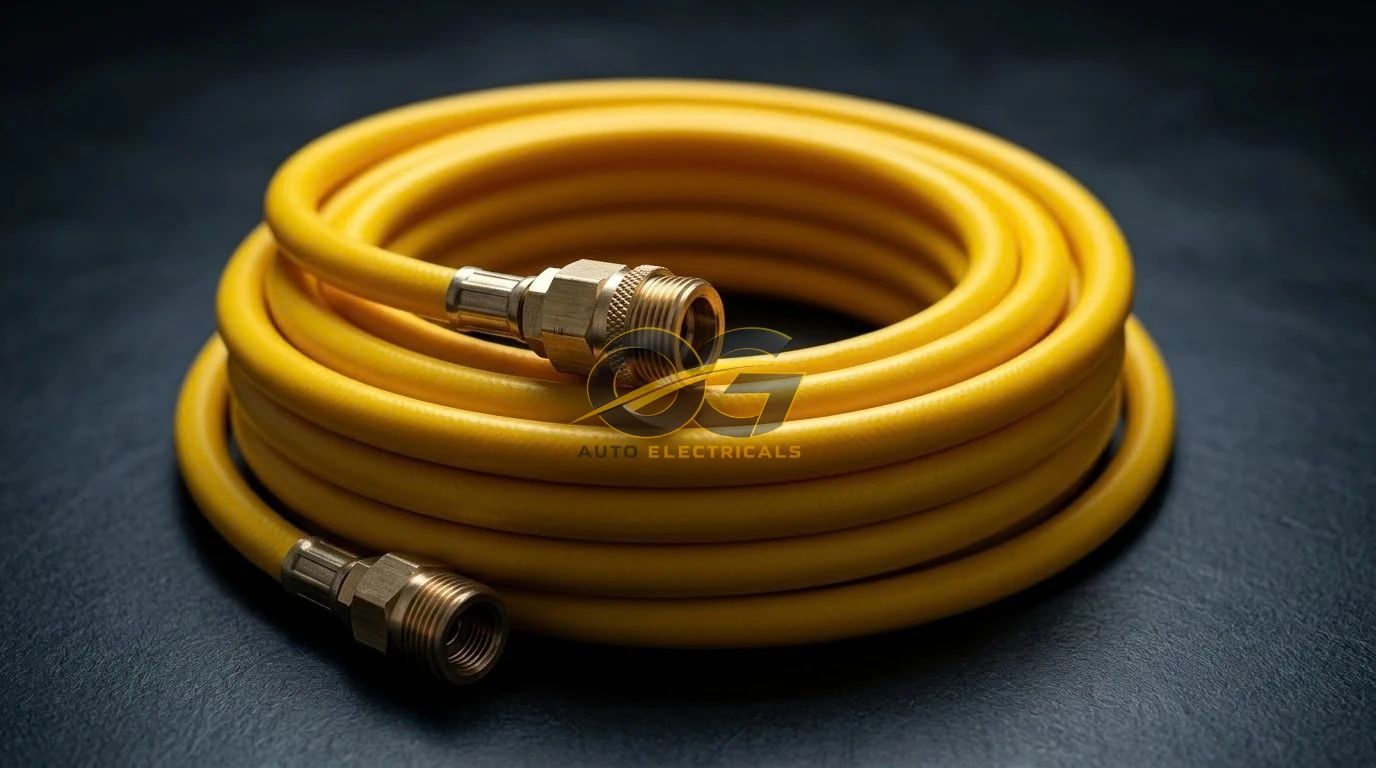 Coiled yellow air hose with brass fittings