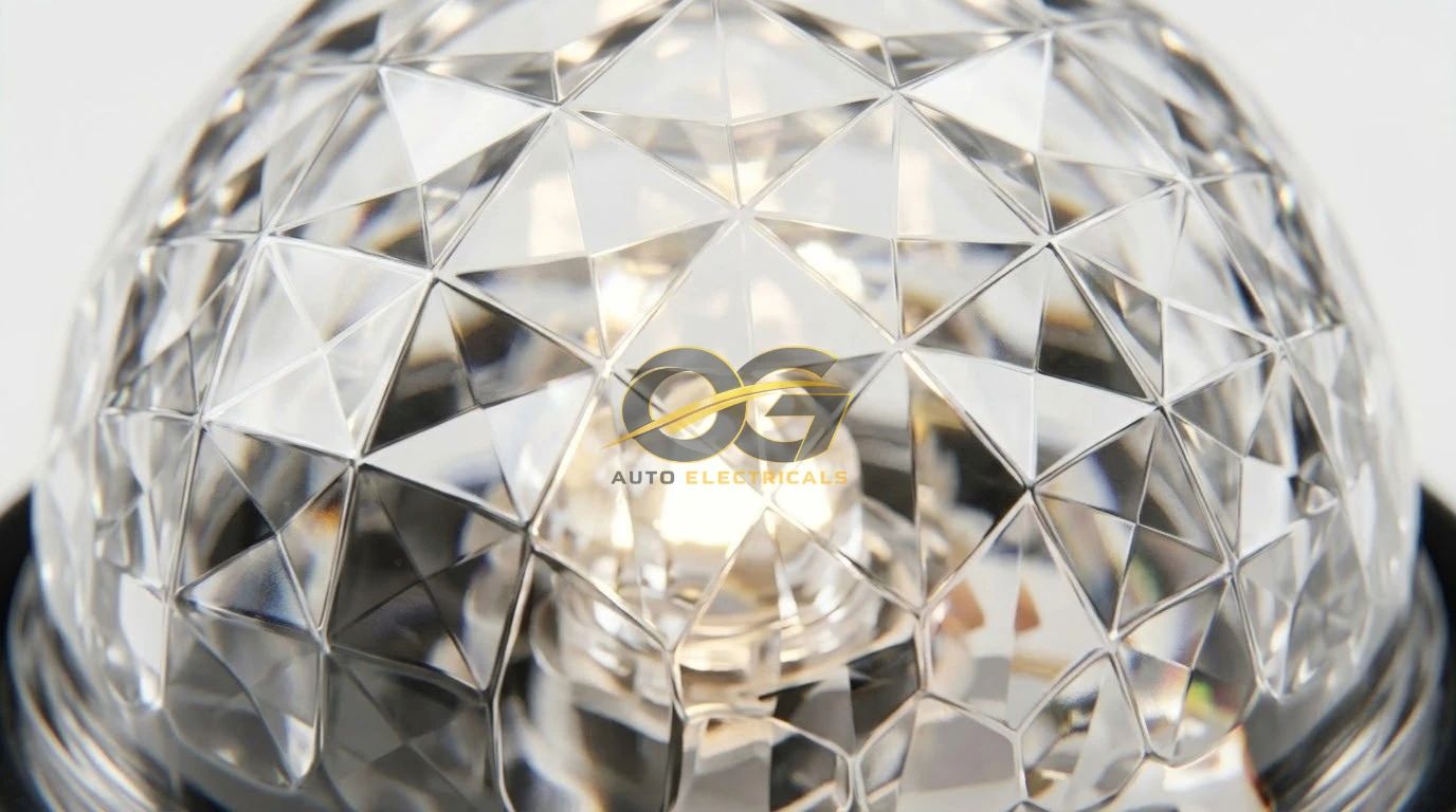 Close-up of a clear faceted marker light lens