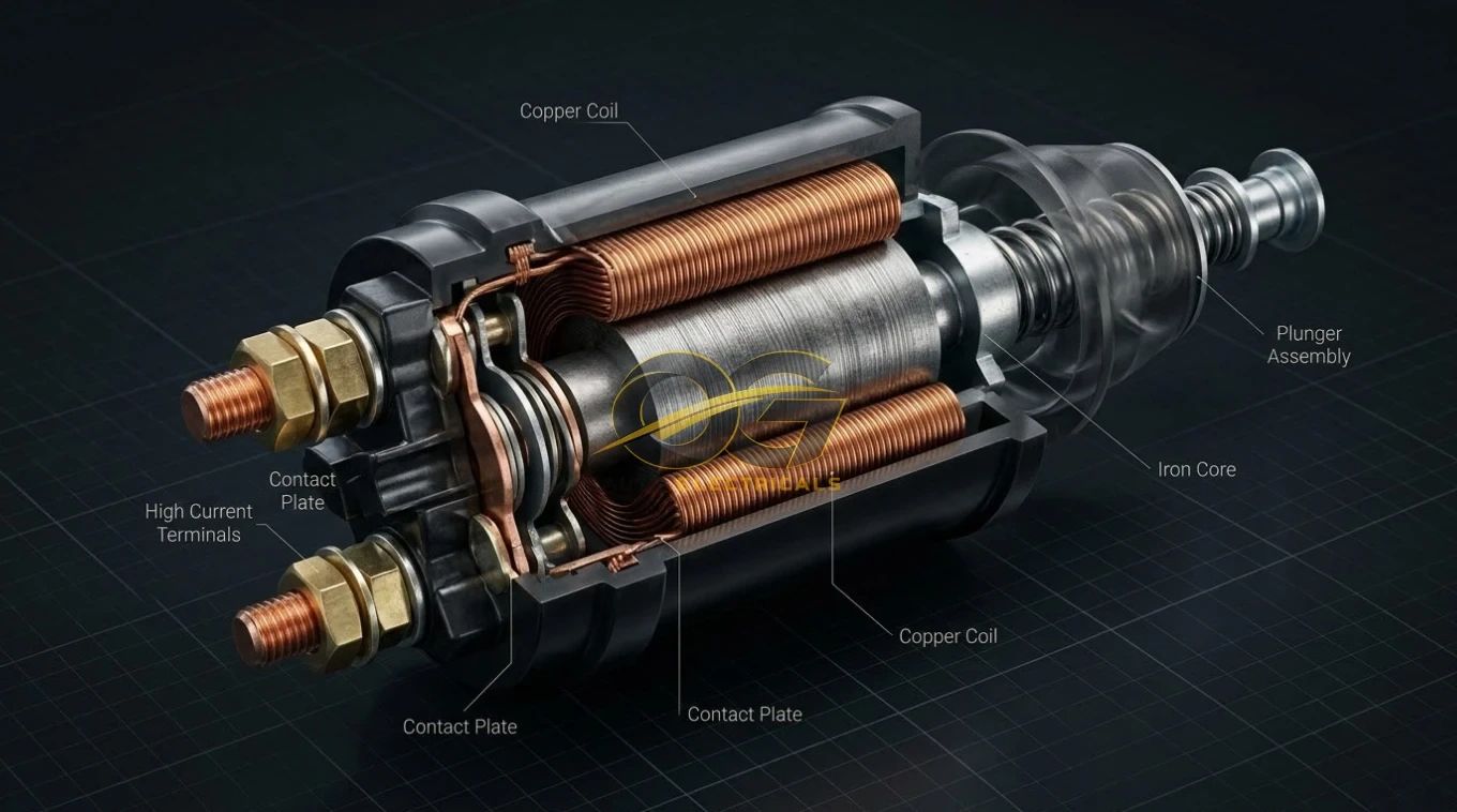 Labelled cutaway of a solenoid switch: copper coil, iron core, contact plate, high current terminals and plunger assembly