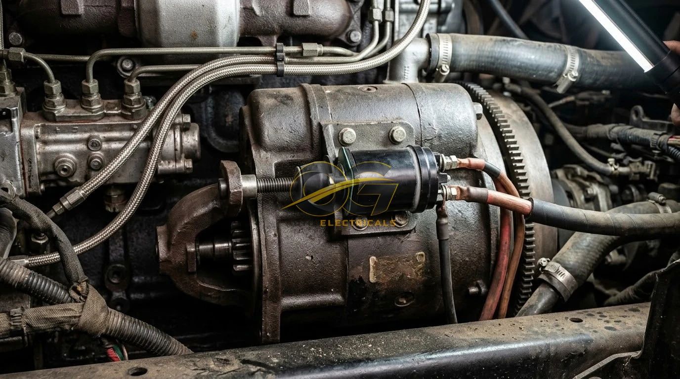 Solenoid switch fitted on a starter motor in an engine bay